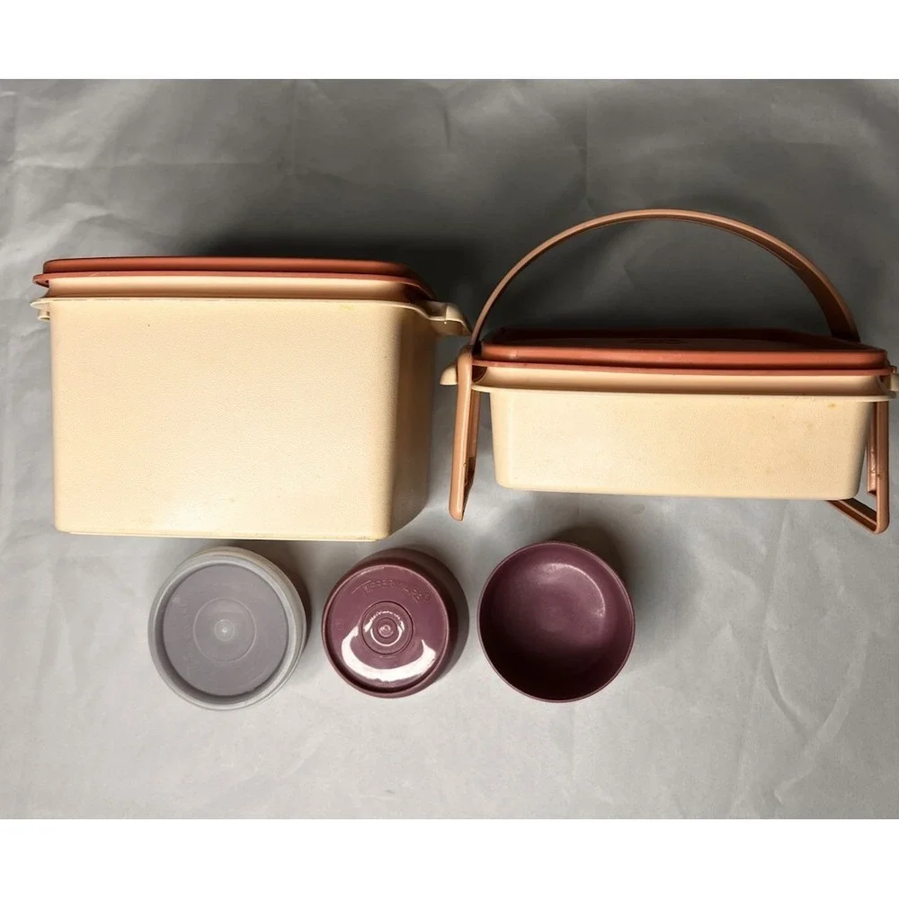Vintage Tupperware Lunch Set‎ Carrier Container Lot Orange Beige Snack Cups